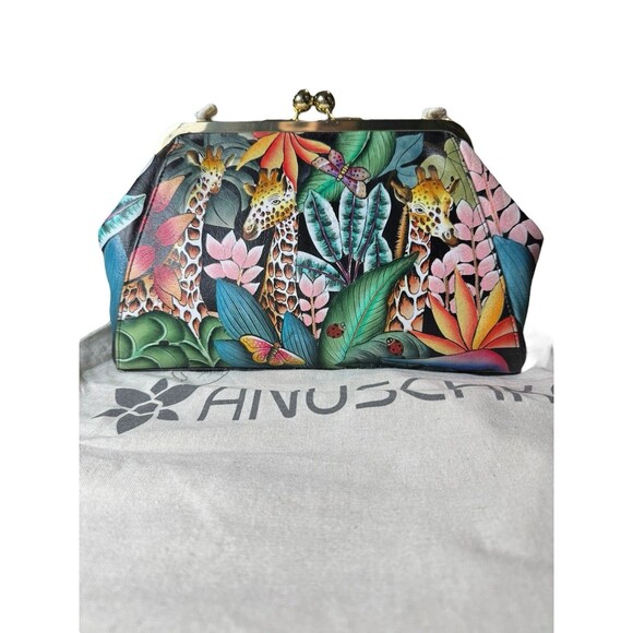 Anuschka Jungle Hand-Painted Leather Kiss Lock Clutch Crossbody Shoulder Bag - Picture 2 of 7